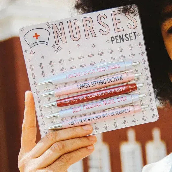 Five nurse-themed retractable ballpoint pens showing two refill colour variations
