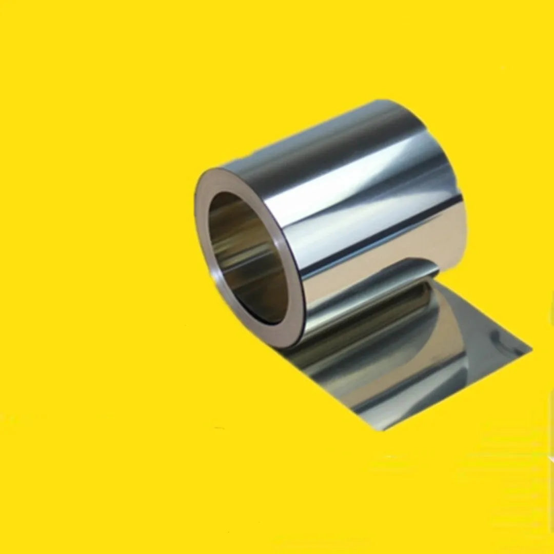 Roll of thin 304 stainless steel sheet strip with a leather backing on one side.