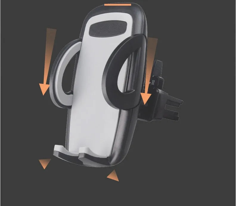 Black plastic mobile phone holder attached to car air conditioning vent