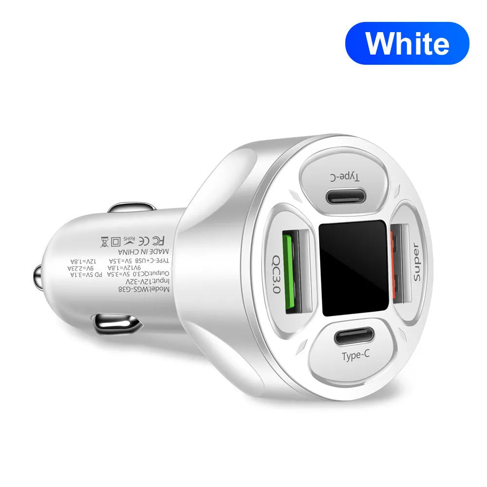 66W dual USB dual Type-C digital display car charger with compact black design