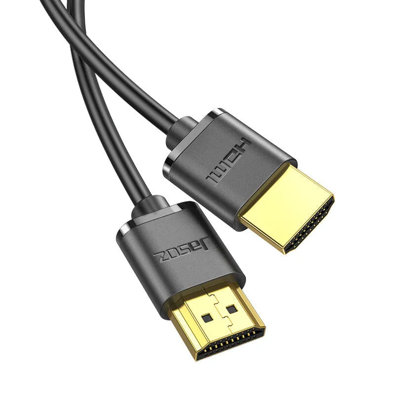 HDMI cable with gold-plated connectors available in multiple lengths for computer, monitor, and projector connection.