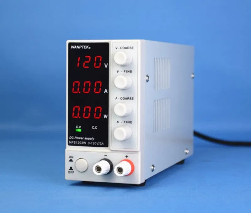 White adjustable DC bench power supply unit with control knobs and display, model NPS605W