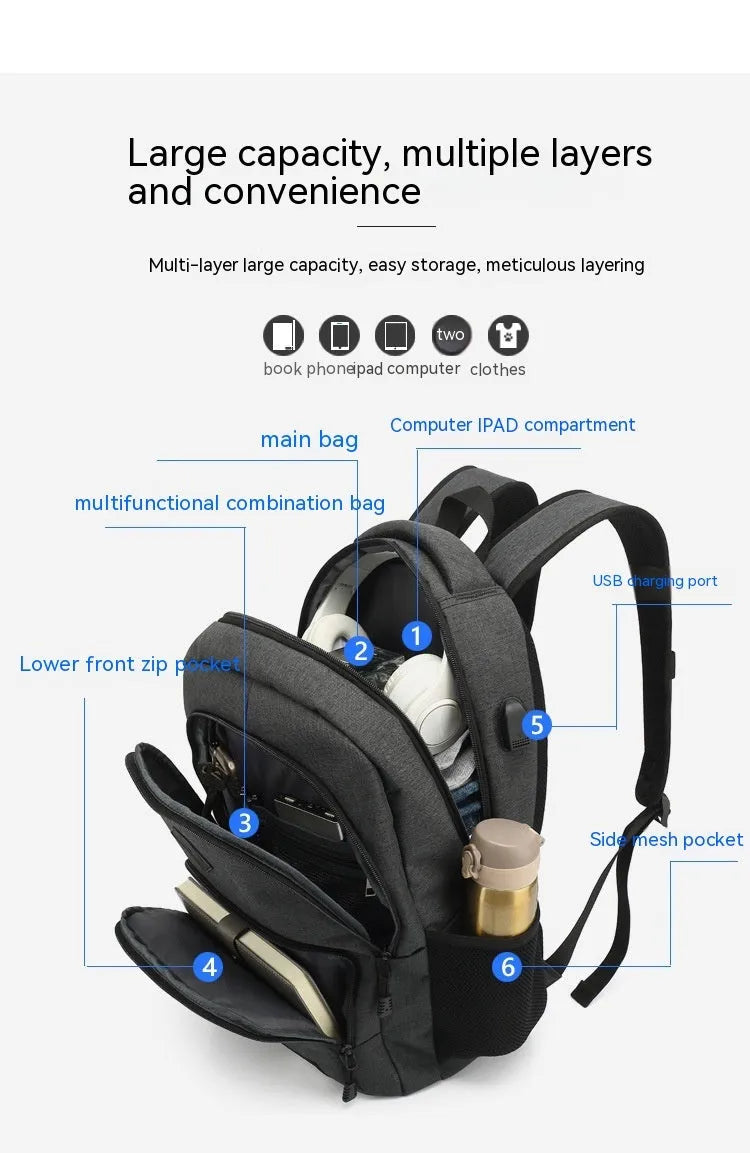 USB charging backpack in nylon fabric with trolley attachment strap