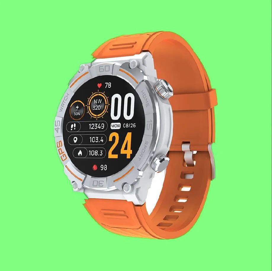 MG02 smart watch in black, khaki, or silver orange on wrist showing health stats.