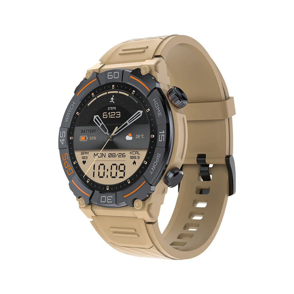 MG02 smart watch in black, khaki, or silver orange on wrist showing health stats.