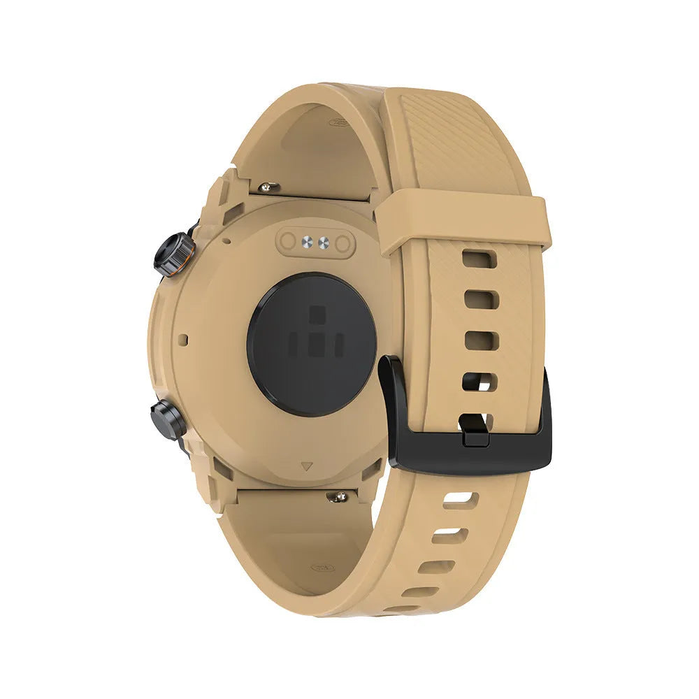 MG02 smart watch in black, khaki, or silver orange on wrist showing health stats.