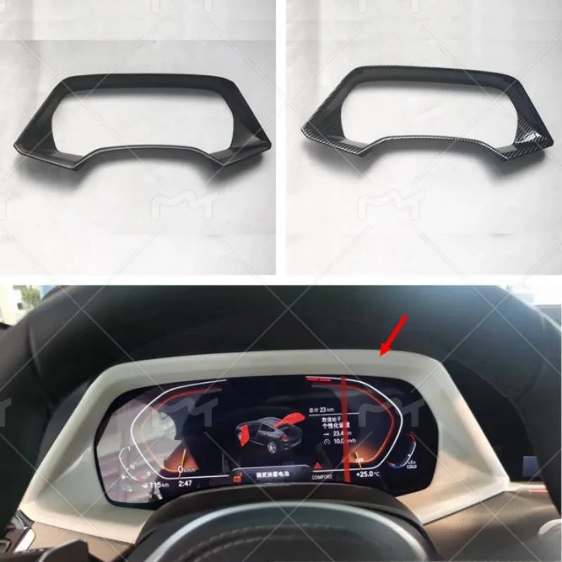 BMW X5L dashboard decorative frame in carbon fibre or peach wood finish with adhesive installation