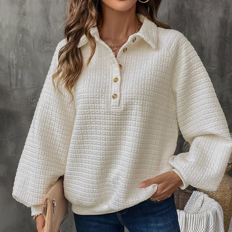 Women's milky white polo collar thick knit sweater with long sleeves