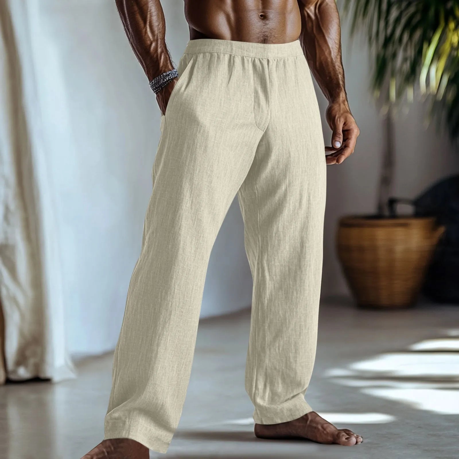 Cotton and linen straight-leg trousers in light green colour with multiple pockets and straight leg opening