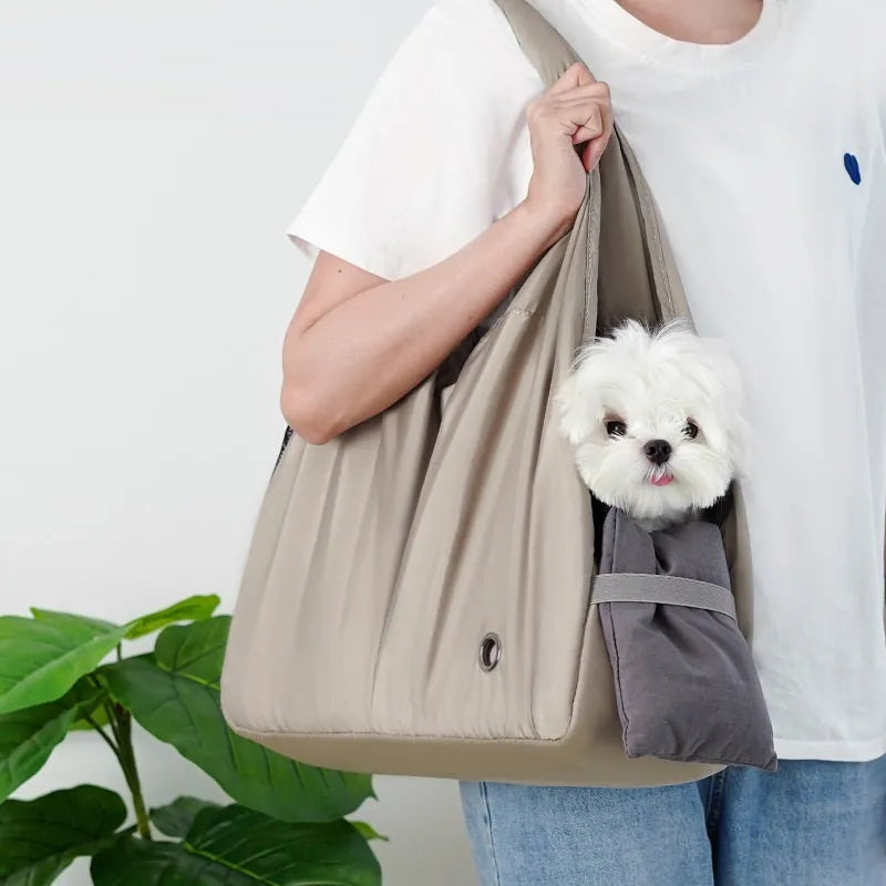 Apricot cloth pet handbag measuring 41cm long for carrying small dogs or cats