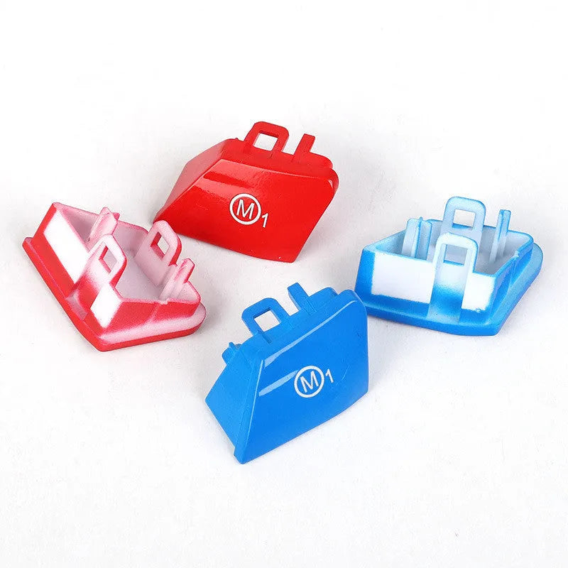 Red and blue BMW steering wheel M1 M2 mode replacement button set with installation keys.