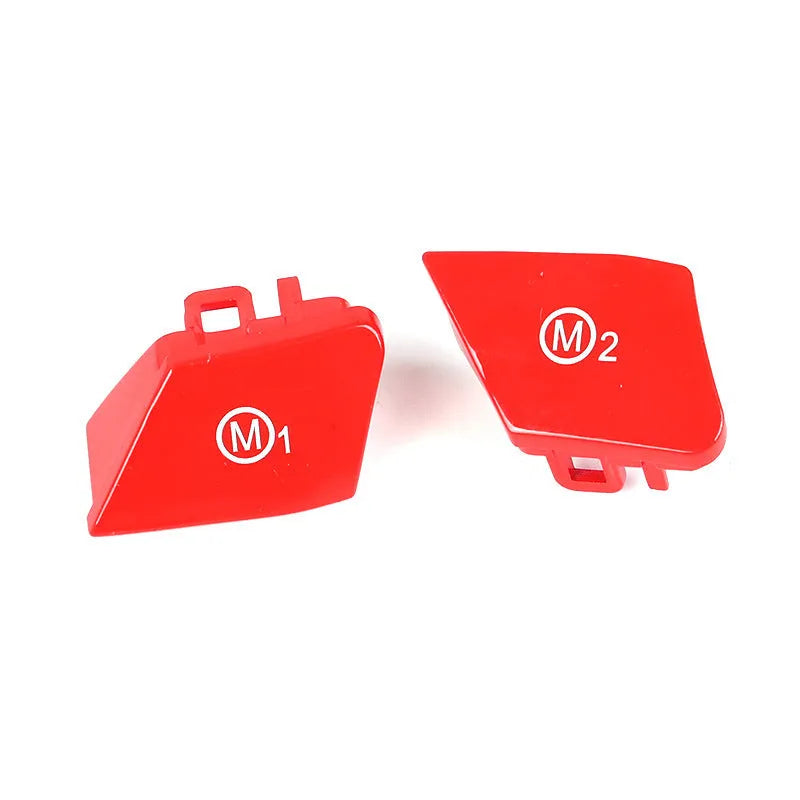 Red and blue BMW steering wheel M1 M2 mode replacement button set with installation keys.