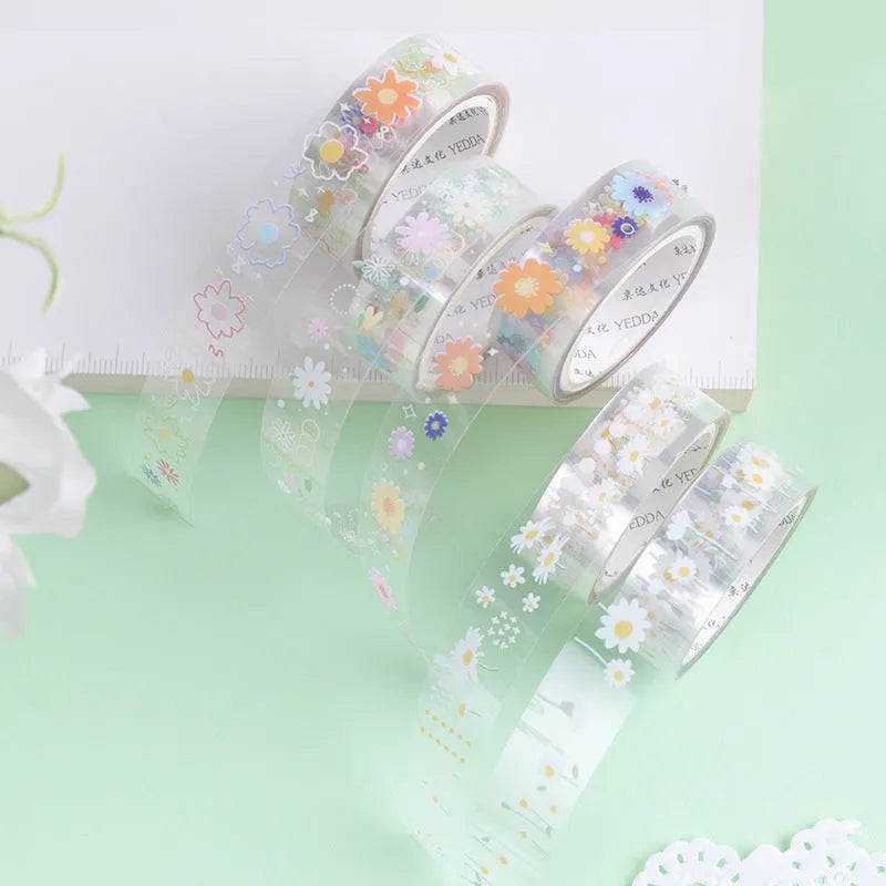 Five rolls of transparent adhesive tape with midsummer daisy cartoon decoration for diary projects