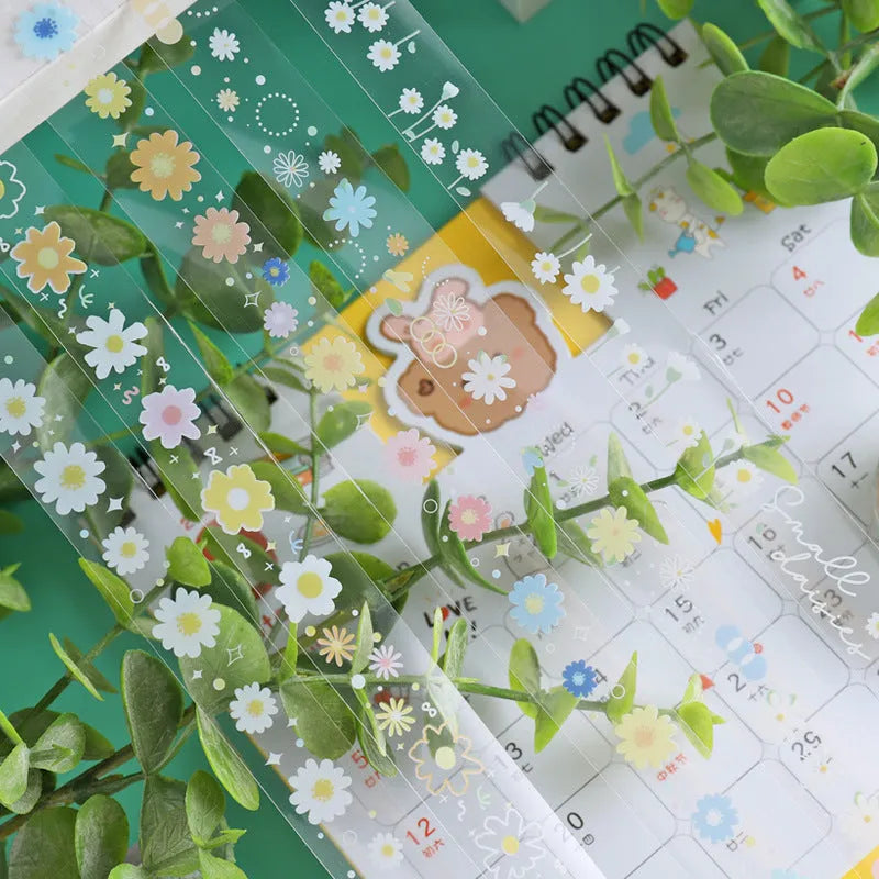 Five rolls of transparent adhesive tape with midsummer daisy cartoon decoration for diary projects
