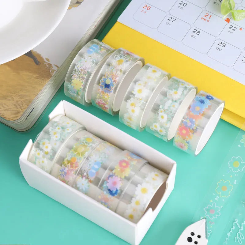 Five rolls of transparent adhesive tape with midsummer daisy cartoon decoration for diary projects