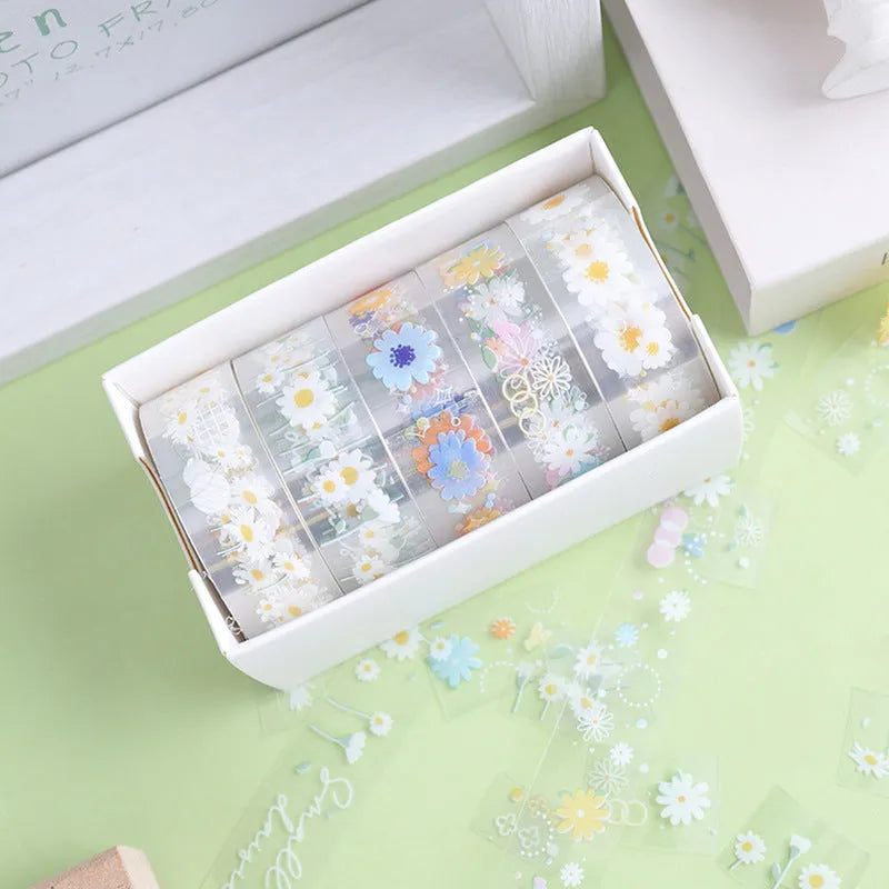 Five rolls of transparent adhesive tape with midsummer daisy cartoon decoration for diary projects