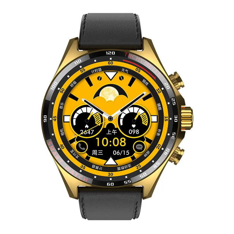 Smart watch with health monitoring display showing heart rate and fitness metrics