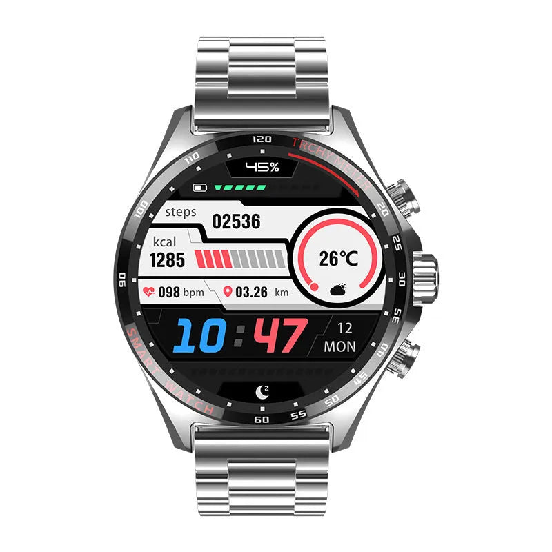 Smart watch with health monitoring display showing heart rate and fitness metrics