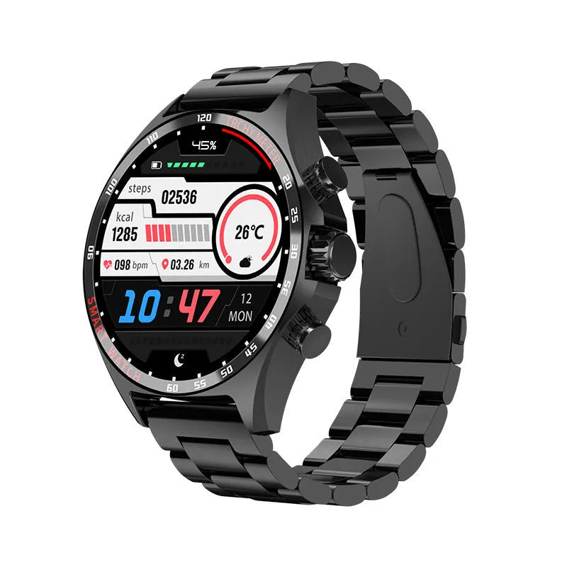 Smart watch with health monitoring display showing heart rate and fitness metrics