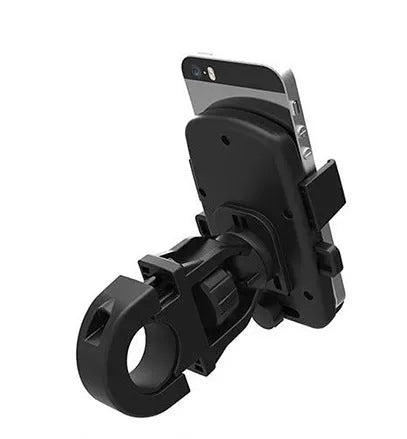 Black ABS plastic bicycle mobile phone holder with a secondary safety strap, mounted on handlebars.