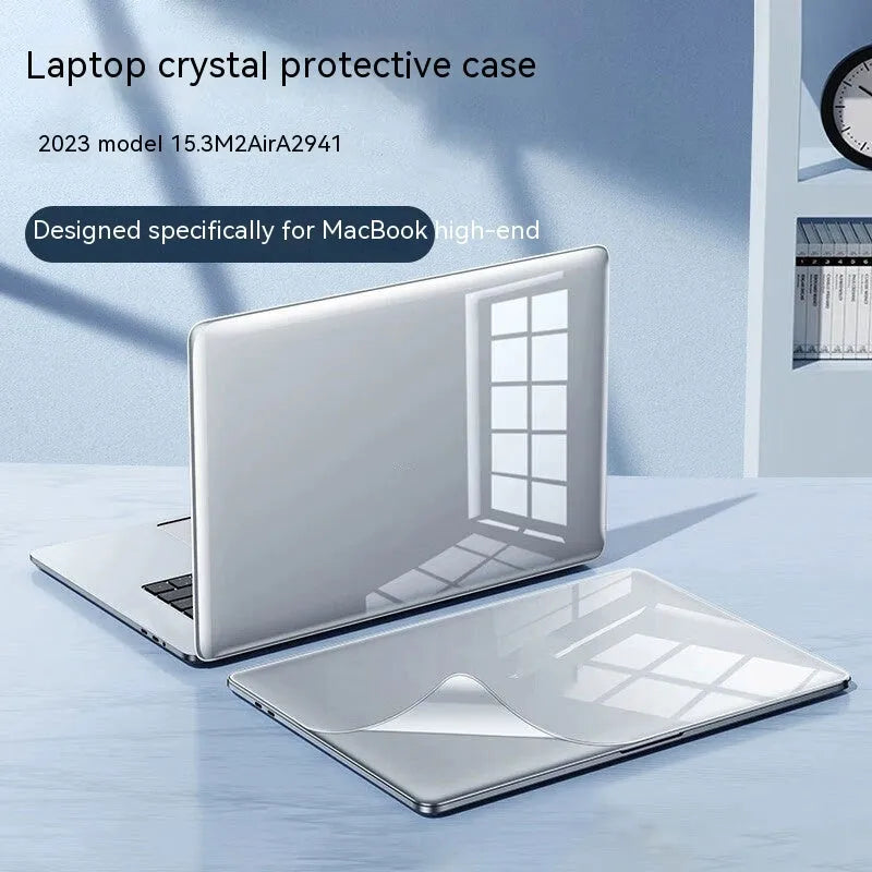 Hard shell protective case for MacBook laptop in transparent and black colour options.