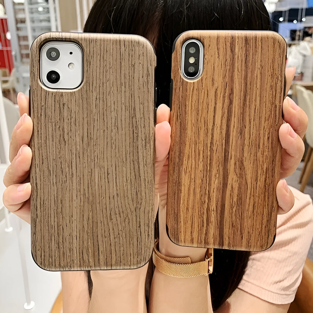 Wood phone case for iPhone with natural bamboo or rosewood finish and simple back cover design