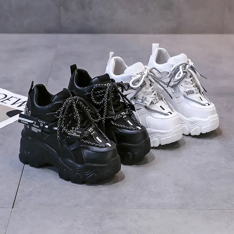 Women's white mesh platform tennis shoes with cross-strap and 6-8cm rubber sole.