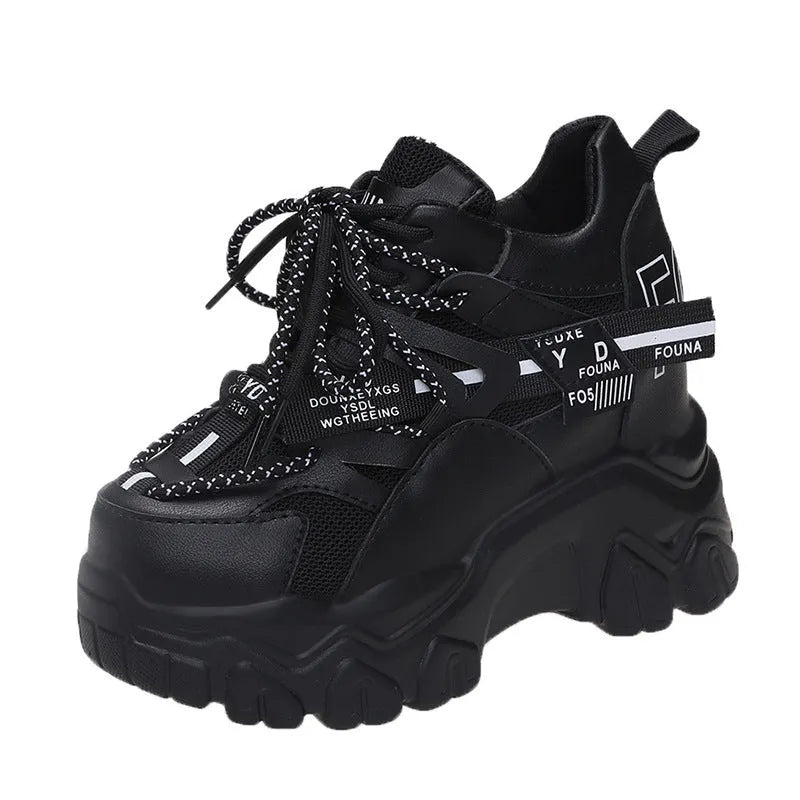 Women's white mesh platform tennis shoes with cross-strap and 6-8cm rubber sole.