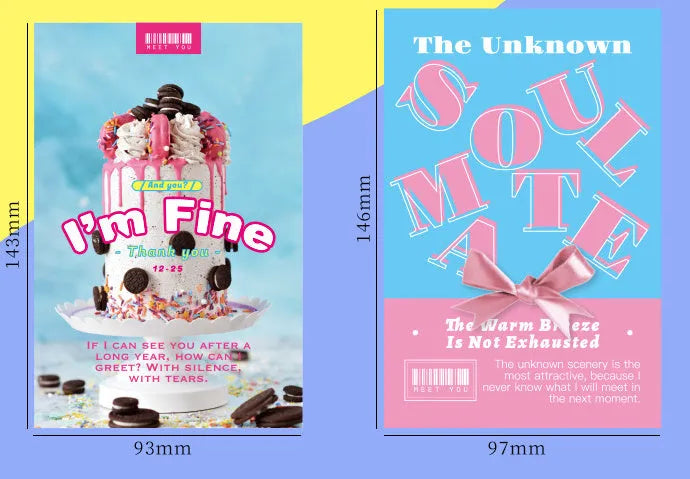 Boxed set of two fresh style printed postcards with messages 'Time Not Arrived' and 'Warm Wind Not Exhausted'.