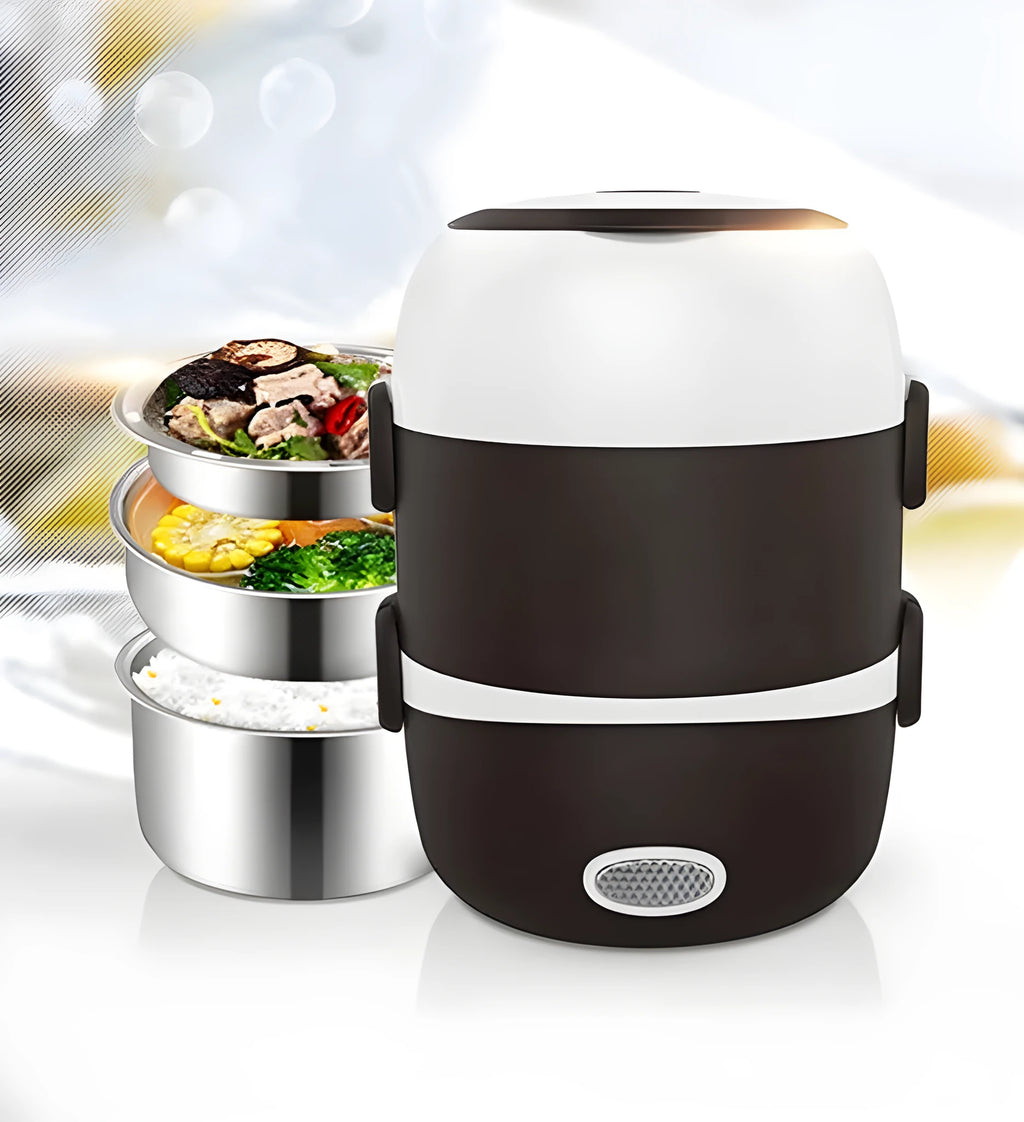 Multi-function lunch box with USB cable showing two-layer and three-layer capacity options