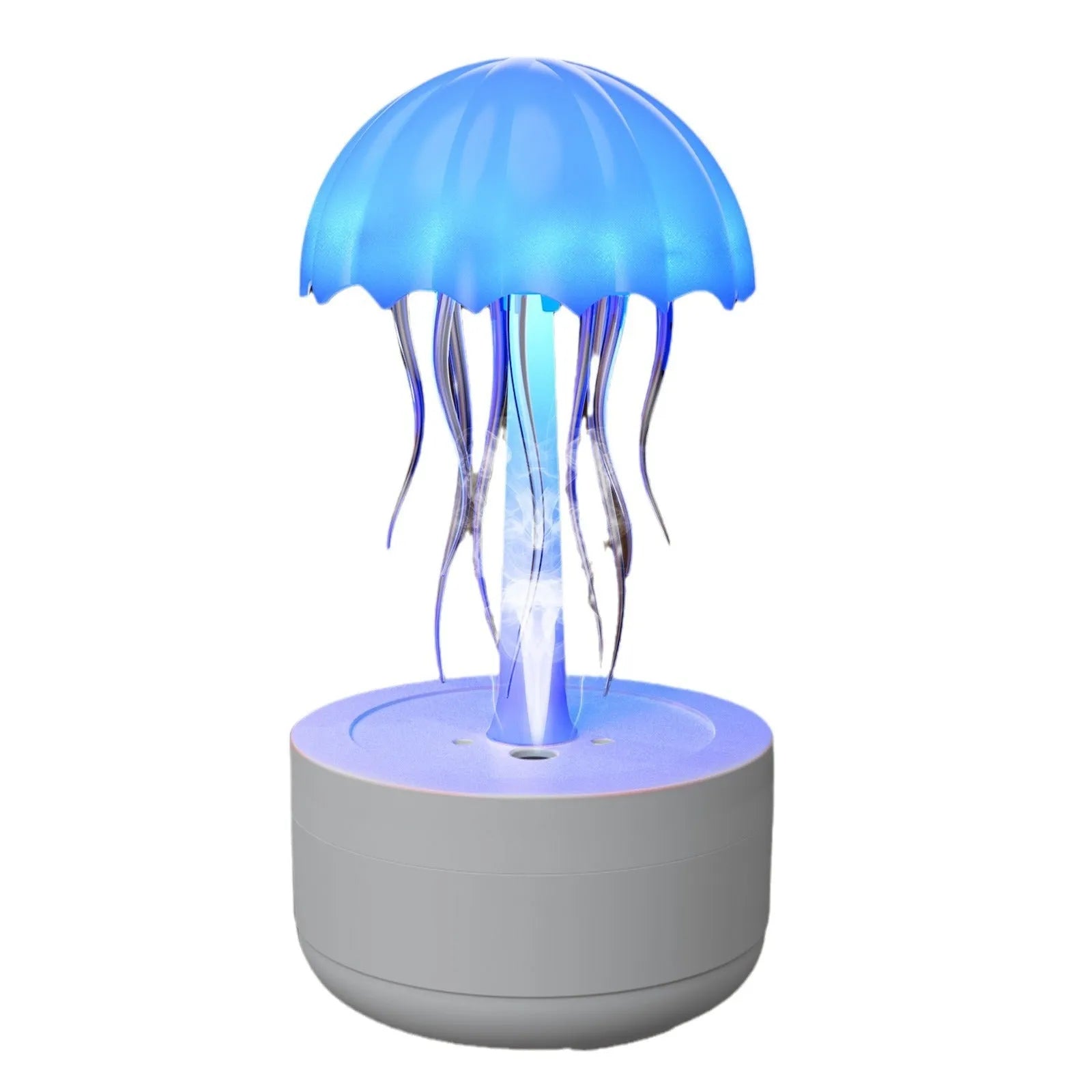 White jellyfish design humidifier and essential oil diffuser with colourful LED night light on desktop