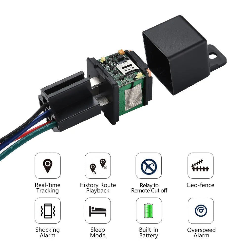 ST-907 GPS vehicle tracker for electric motorcycles with compact black ABS plastic housing