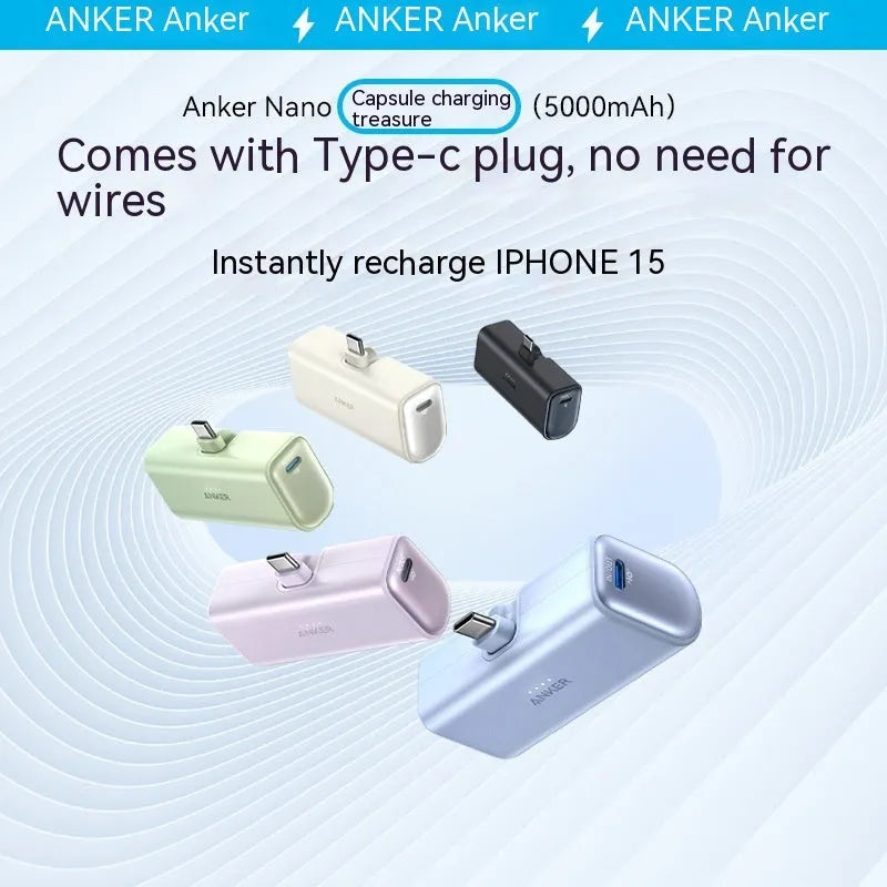 Small capsule-shaped power bank in multiple colours with a fold-out USB-C cable.