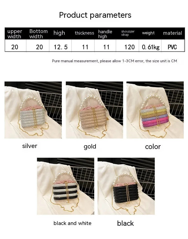 Women's retro pearl beaded crossbody bag in soft PU with round shape and single shoulder strap