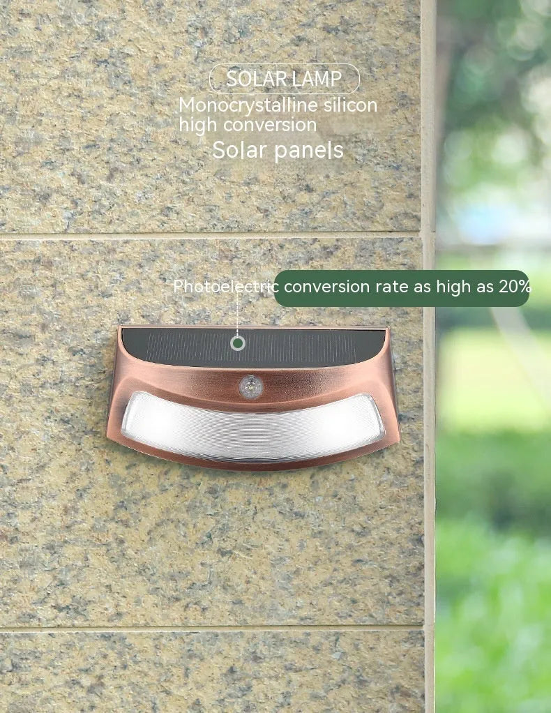 Solar-powered outdoor wall light with retro smiling face design for garden or courtyard.