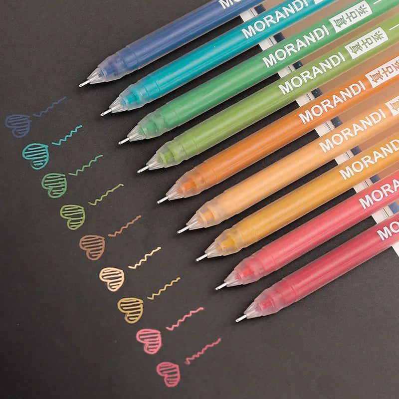 Set of nine solid colour gel pens with 0.5mm needle tips, in plastic shells, presented in a choice of colour series.