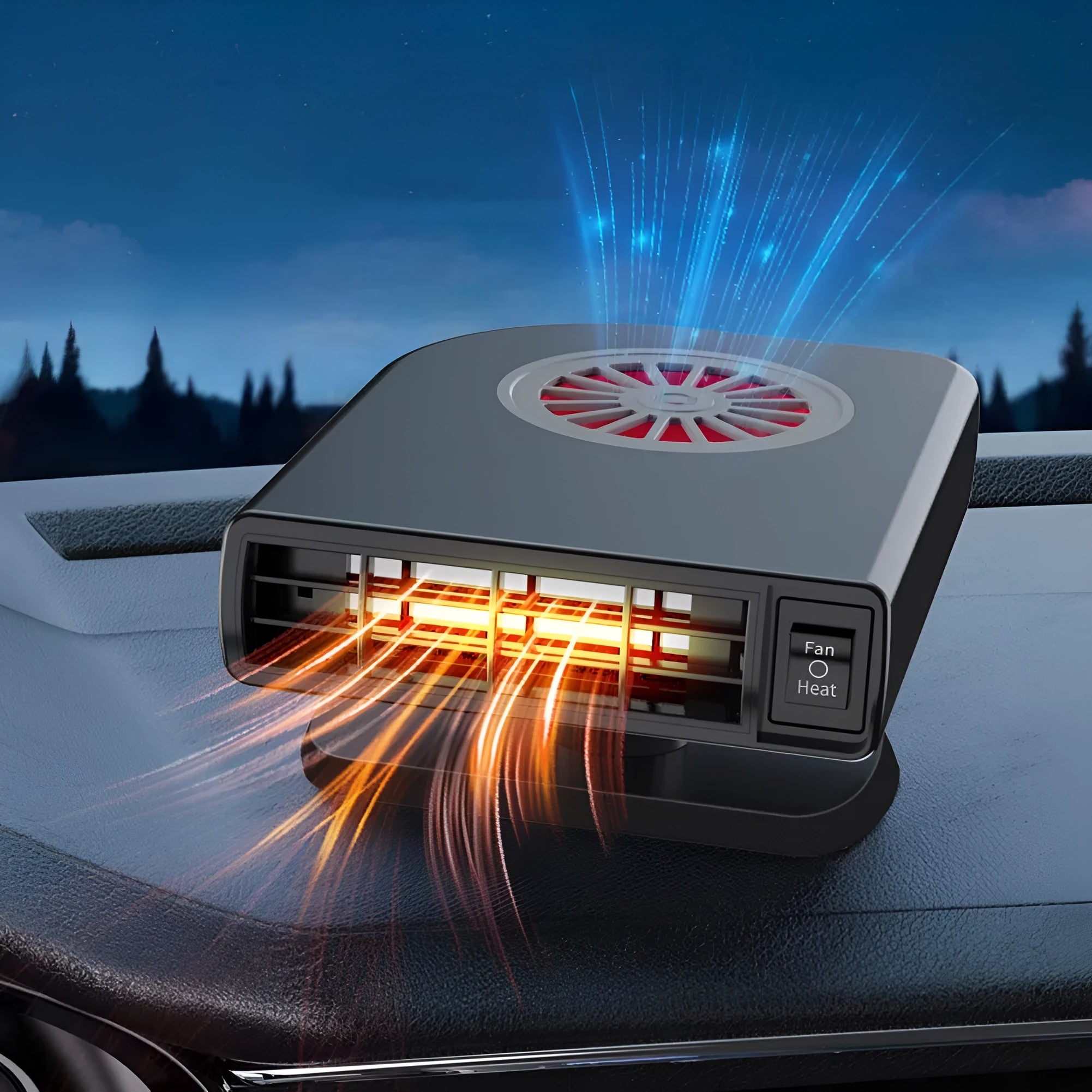 Black compact vehicle-mounted heater for car defrosting and defogging with 360-degree rotation.