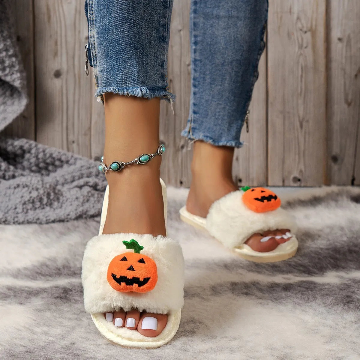 Halloween pumpkin plush open toe slippers in yellow with synthetic fur upper and PVC sole