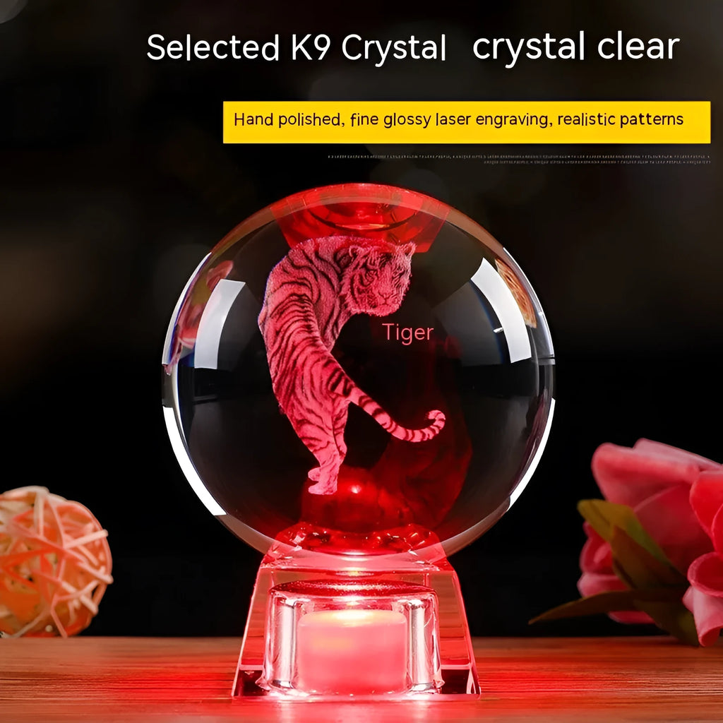 White crystal zodiac decorative ball with Chinese animal design and electronic base in 6cm or 8cm size options