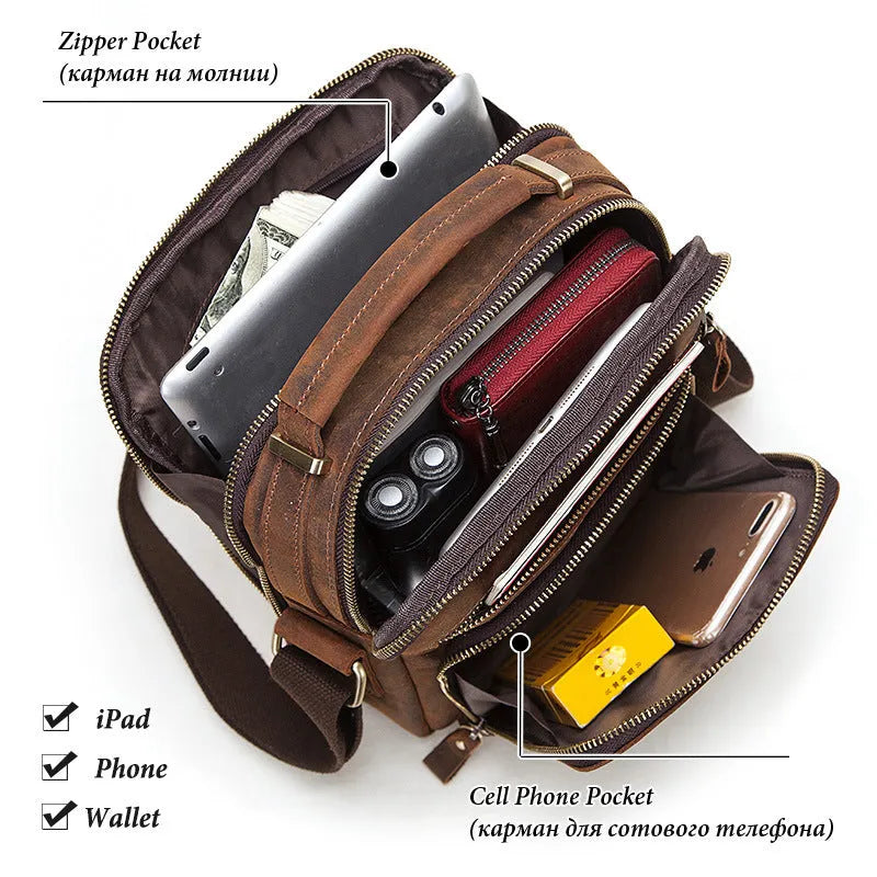 Men's brown genuine leather crossbody bag with single shoulder strap and visible stitching