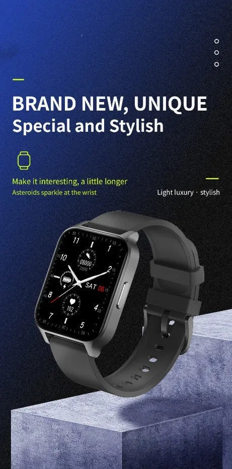 Smart health watch with colour screen on a black mesh metal strap, showing heart rate and step data.