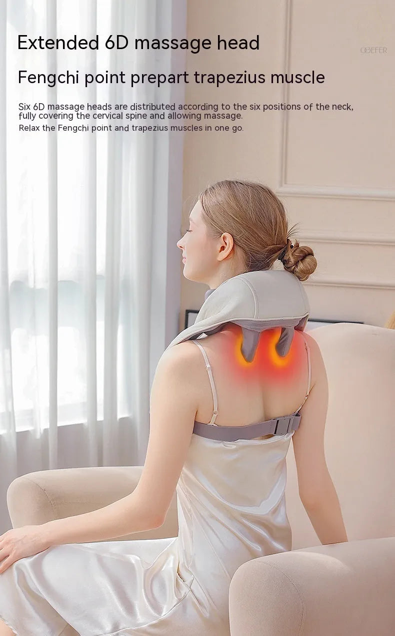 Milky white rechargeable handheld shoulder and neck kneading massager with USB cable.