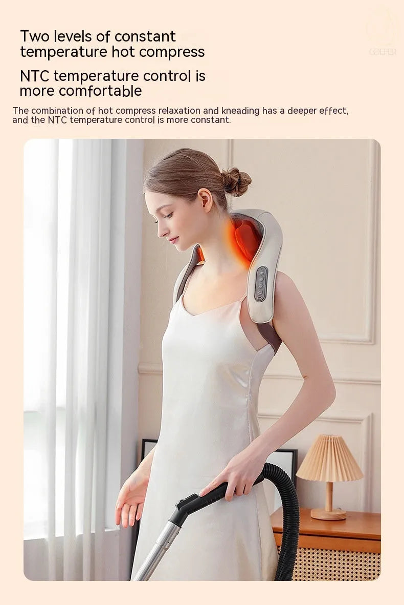 Milky white rechargeable handheld shoulder and neck kneading massager with USB cable.