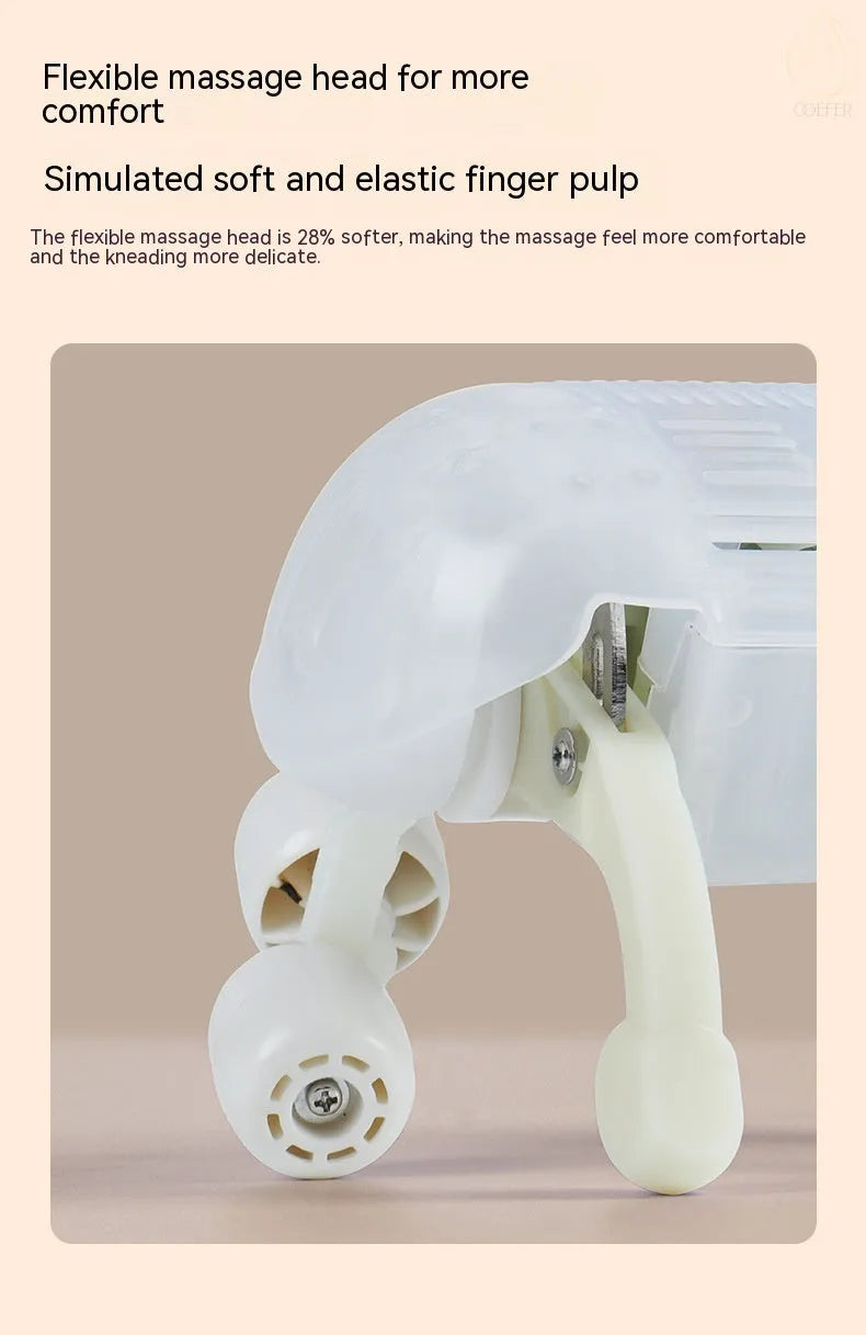 Milky white rechargeable handheld shoulder and neck kneading massager with USB cable.