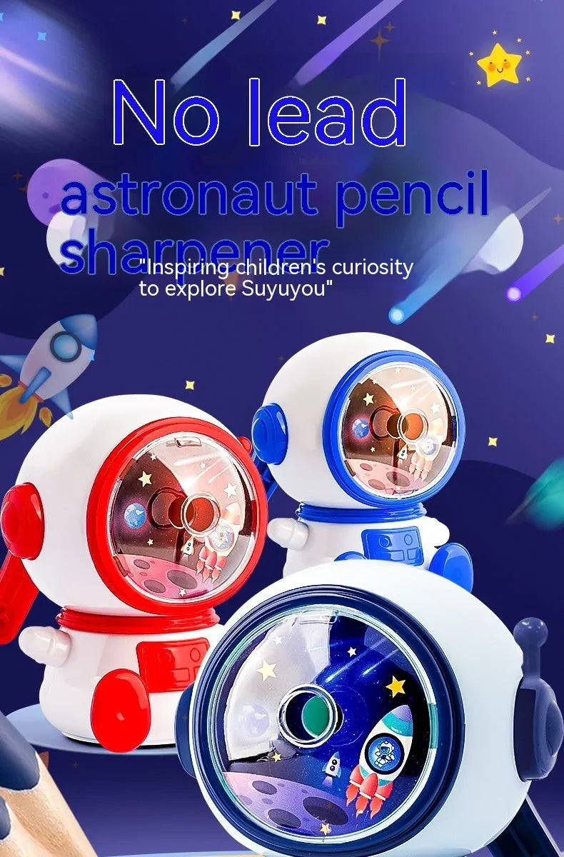 Blue astronaut cartoon pencil sharpener with manual operation and anti-jam mechanism