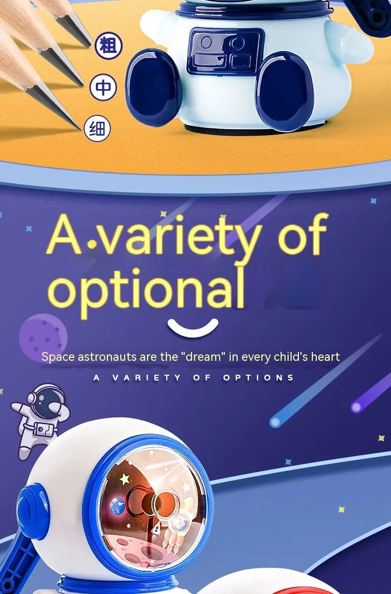 Blue astronaut cartoon pencil sharpener with manual operation and anti-jam mechanism
