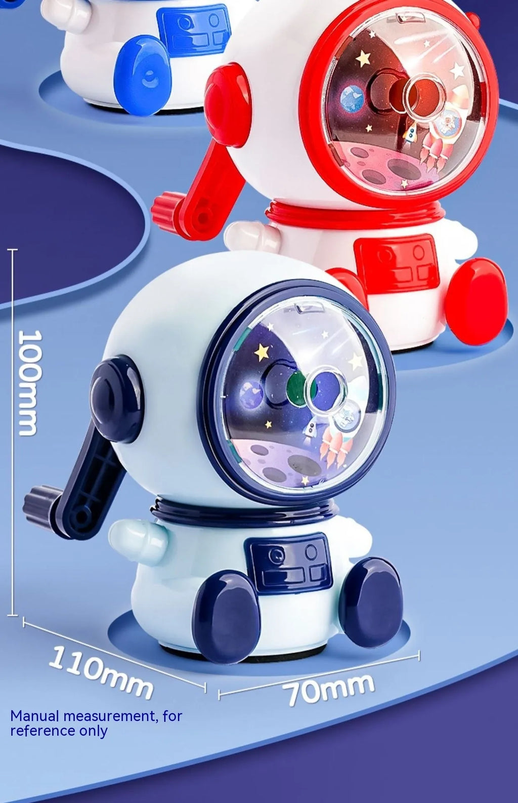 Blue astronaut cartoon pencil sharpener with manual operation and anti-jam mechanism