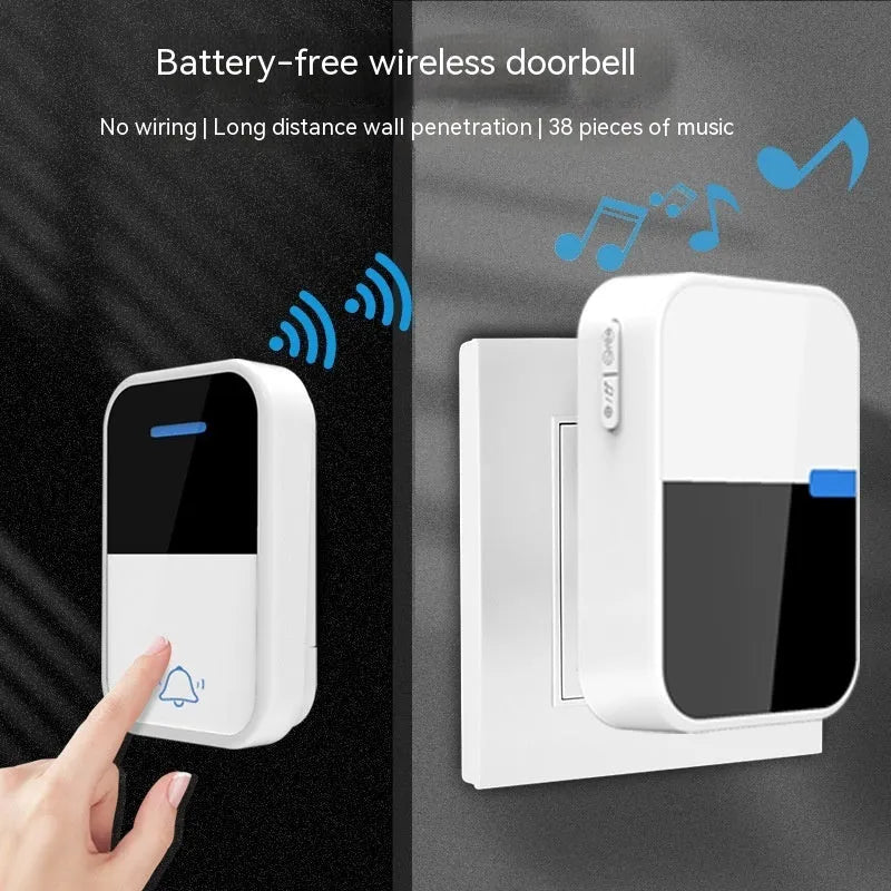 Modern white plastic wireless doorbell receiver and main unit with self-generating power.