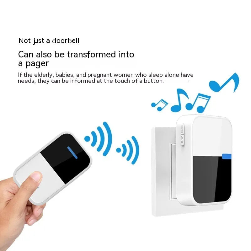 Modern white plastic wireless doorbell receiver and main unit with self-generating power.
