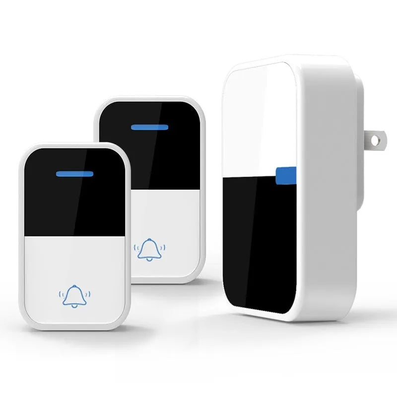 Modern white plastic wireless doorbell receiver and main unit with self-generating power.